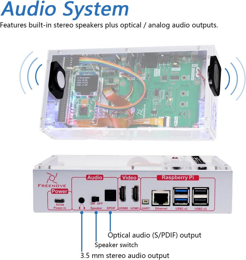 FREENOVE Computer Case Kit for Raspberry Pi 5 with Cooling Fan, M.2 NVMe SSD Slot 1231 MB/s, 5 MP Camera, 0.96 Inch OLED Screen, Built-in Stereo Speakers, 3.5 mm and Optical Audio (S/PDIF) - Image 5